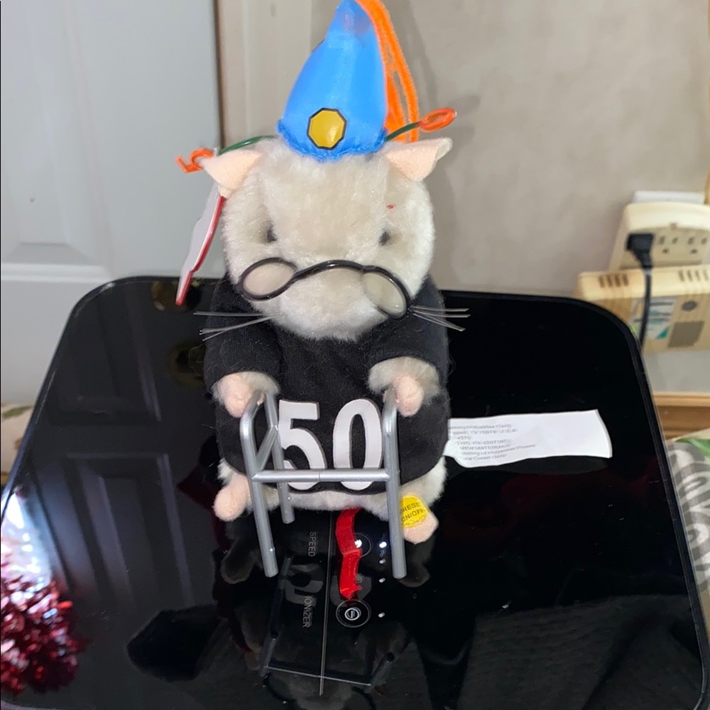 Vintage Plush Mouse with Blue Hat and Glasses comes with batteries works.